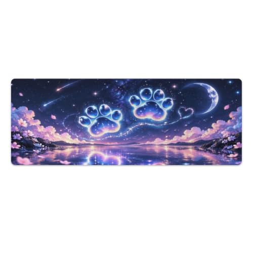Galaxy Paw Print Mouse Pad Blue Pink Clouds Crescent Moon Art Desk Mat