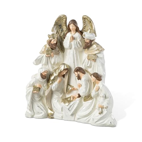 Image of Glitzhome Nativity Figurines Set Indoor Christmas 13 inch H, Gold Ivory White Holy Family Wise Mens Shepherd Angel Sets & Figures, Hand Painted Nativity Tabletop Scenes Xmas Figurines for Home Decor