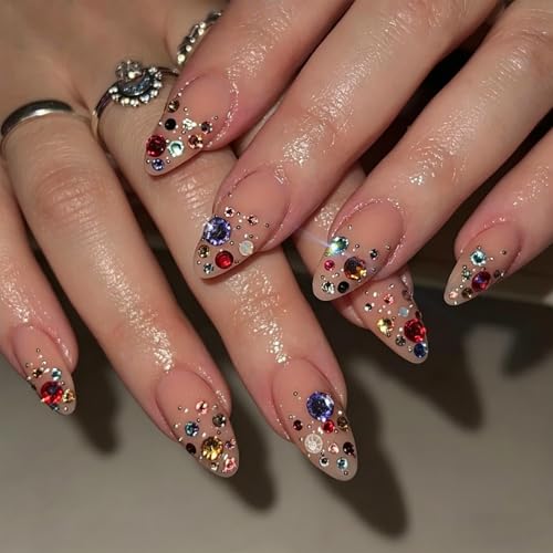 CUIZAM Medium Almond Press on Nails Colorful Rhinestones Fake Nail with Bling Diamond French Design Glossy Salon Quality Thick Sparkle Luxury Nude Press Ons for Women Daily Party Grad 24PCS