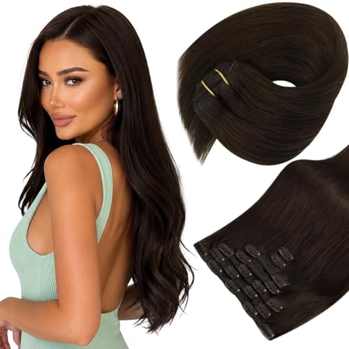 Image of Sunny Hair Clip in Hair Extensions Real Human Hair Dark Brown 120g | Remy Human Hair Extensions Clip ins for Women 16 Inch Natural Blend, Easy Clip in, Soft Lightweight for Thin & Fine Hair