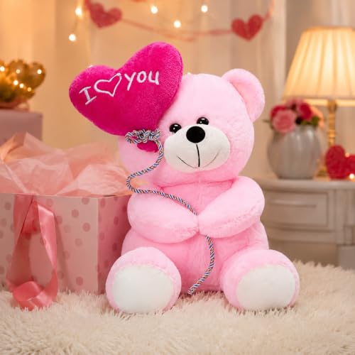 Image of Plush Teddy Bear with Pink 'Happy Birthday' Balloon, 20 cm, Soft Velvety Material