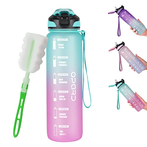 Opard 32oz Sports Water Bottle with Shaker Blending Ball, Straw & Motivational Time Marker to Drink, Reusable BPA Free Plastic Bottle for Gym and Outdoor