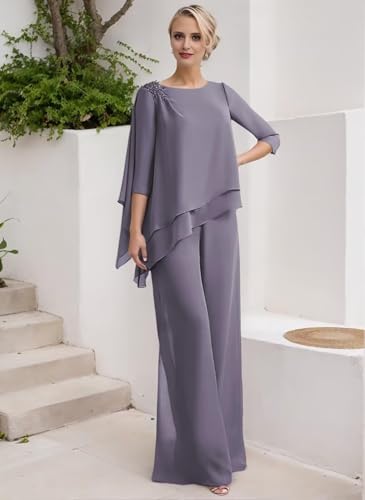 3/4 Sleeves Mother of The Bride Pant Suits for Wedding Lace Appliques Chiffon Long Formal Outfit Sets JH0063