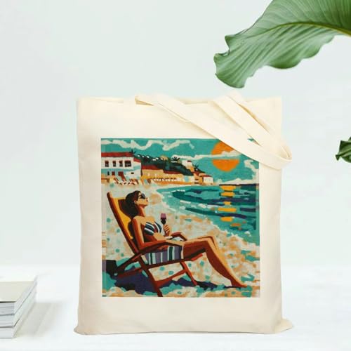 Summer Beach Fashionable Large-Capacity Commuter Canvas Tote Bag, Reusable Shoulder Tote Bag for Women and Men, Large Durable Canvas Shoulder Bag Perfect for Grocery Work Beach Shopping2