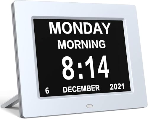 Hiseeyo 8 Inch Alarm Clock Digital with Automatic Brightness Adjustment, Quiet LCD Display Alarm Clock with Humidity and Temperature for Adults and Children and Alzheimer's Disease (White, 8 inches)
