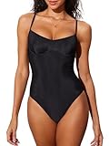 DOBREVA Women's One Piece Swimsuit Underwire Ribbed Bathing Suit Unlined Support V Neck Adjustable Straps Swimwear Black Small