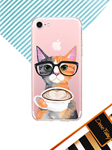 DECO FAIRY Compatible with iPhone 8 Plus / 7 Plus, Cartoon Anime Animated Orange Coffee Nerdy Glasses Cute Cat Kitty Meow Purr Series Transparent Translucent Flexible Silicone Clear Cover Case