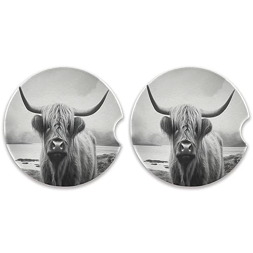 KEEPREAL 2 Pack Funny Scottish Highland Cow Car Coasters for Drinks Absorbent, Ceramic Car Cup Holder Coaster for Your Car with Fingertip Grip, 2.5 inch