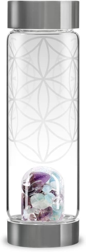 VitaJuwel ViA FLOWER OF LIFE | Crystal Water Bottle with Amethyst, Aquamarine, Clear Quartz & Flower of Life Ornament