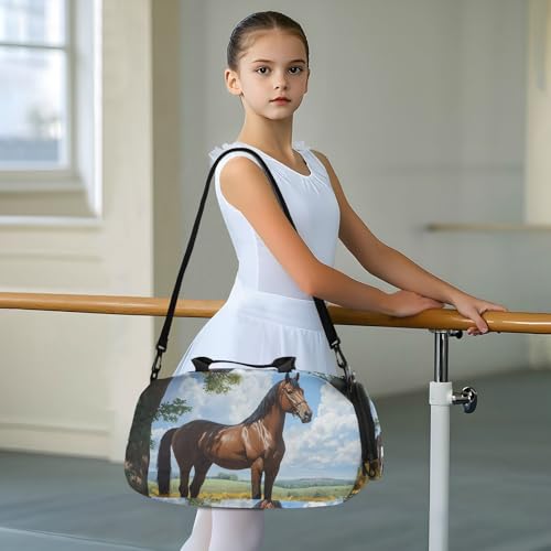 Duffle Bag for Boys or Girls with Shoes Compartment, Horse Sunflower Sky Sports Travel Bag Overnight3