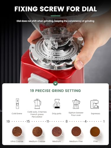 Image of Huanyu 60mm Flat Burr Coffee Grinder, Lockable Dial & Dual Dosing, Red