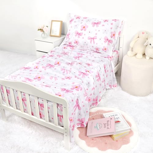 Image of Hooyax Toddler Bedding Set for Girls - 4 Piece Bow Toddler Comforter Set Includes Fitted Sheet, Comforter, Pillowcase & Flat Sheet - Soft Comfort Microfiber for All Seasons