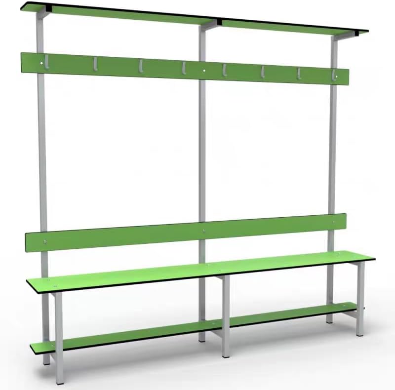 Double-Tier Changing Room Bench with Hooks, Green, Metal Frame, Sports Facility Seating