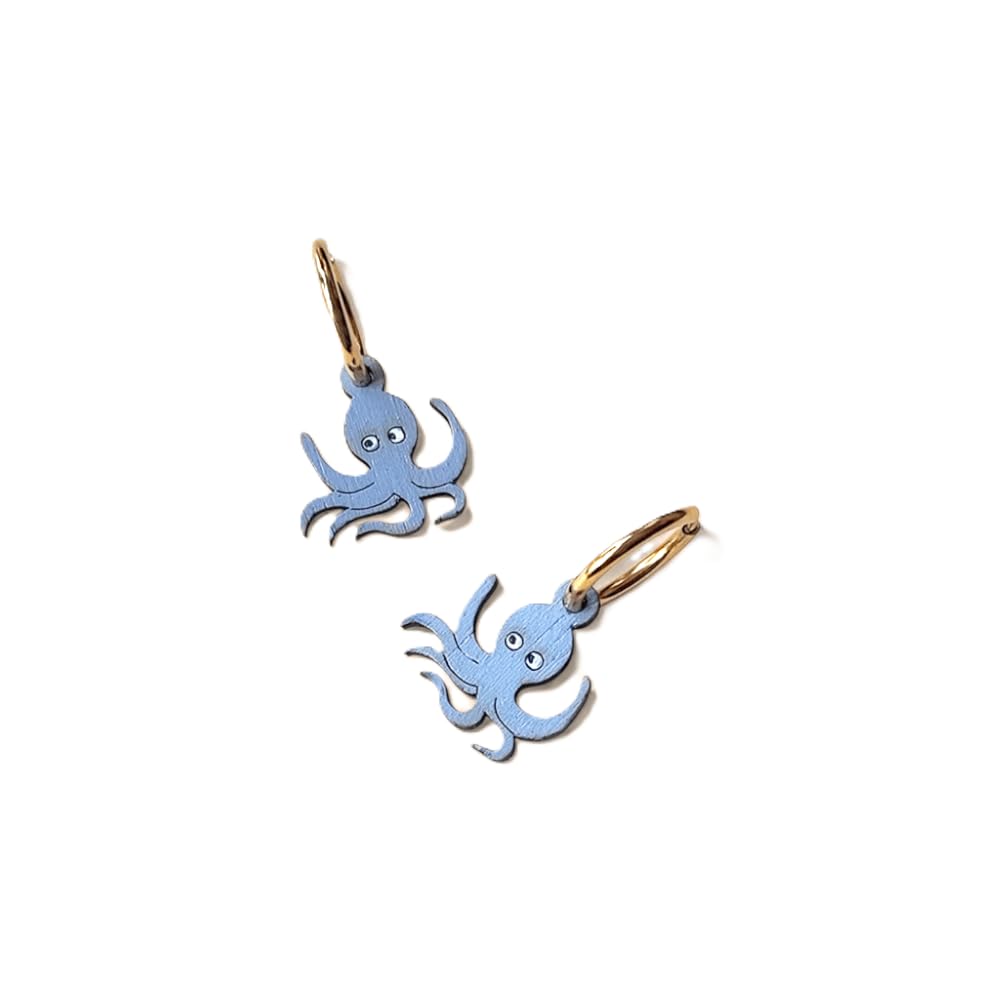 Sastree Pendientes Pulpo Originales Mujer | Edición Limitada Sas365 | Madera Sostenible Pintados a Mano | Joyería Original Mar y Animales (Gris, Acero Inox Oro)
