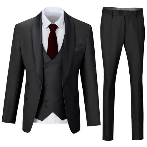 Mens 3 Piece Suit Shawl Lapel One Button Tuxedo Double Breasted Suit Slim Fit Formal Wedding Prom Suits