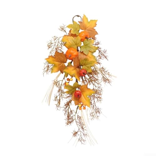 Eawfgtuw Corona de puerta de calabaza con hojas de cosecha de otoño, 50 cm, para colgar en la puerta de Halloween, festival, decoración del hogar para puerta delantera