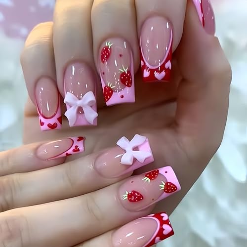 24Pcs Strawberry French Tips Press on Nails Medium Square with