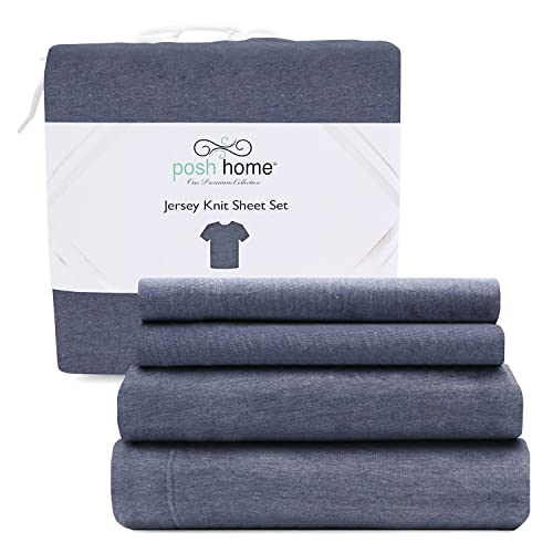 Posh Home Jersey Knit Bed Sheet Set - 4 Piece - Organic Cotton Blend - Ultra Soft T-Shirt Material - Deep Pockets and Easy Fit - Lightweight and Breathable - Full - Navy