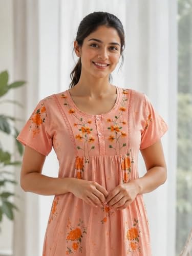 Image of 9shines Label Stylish Cotton Blend Embroidered Maxi Nightdress for Women with Pocket| Full Length Nightwear| Premium Nightdress| Comfortable Nightwear(5256)