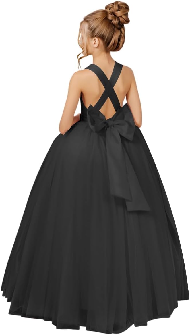 Crossed Straps Flower Girl Dress Satin Long Prom Dress with Bow Puffy Tulle Pageant Dresses for Girls