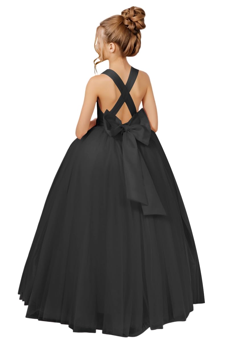 Crossed Straps Flower Girl Dress Satin Long Prom Dress with Bow Puffy Tulle Pageant Dresses for Girls