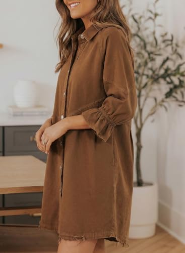 Image of Sidefeel Womens Smocked 3 4 Sleeve Button Down Denim Jeans Dresses