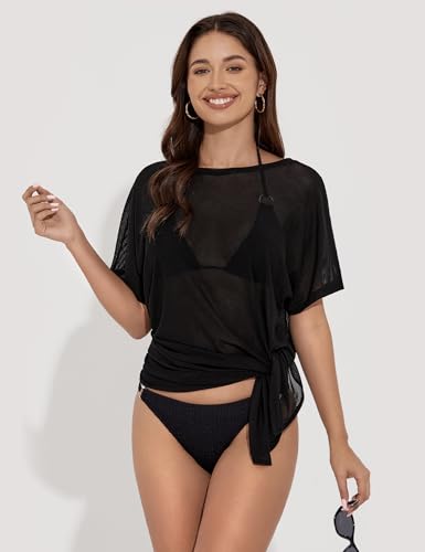 Women's Mesh Sheer Swimsuit Cover up Side Slit Tie Short Sleeve Beach Skirt Multi-Way Wear Bikini Swim Coverup4
