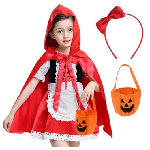 Disfraz Caperucita Roja Niña 130, Disfraces de Carnaval y Halloween, Disfraz Niño de Cuento, Caperucita Roja Disfraz con Vestido Capa Delantal Venda y Bolsa de Calabaza, para Halloween Carnaval