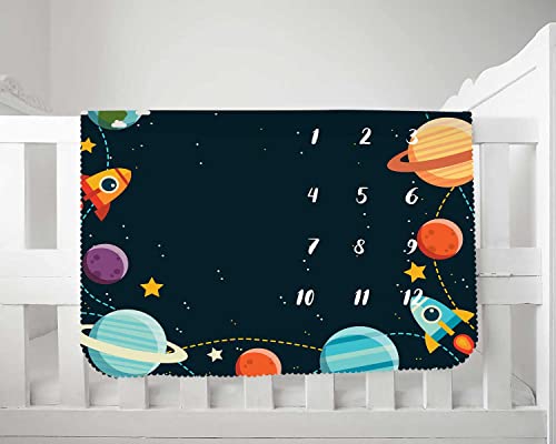 Image of Cosmic Planets Outer Space Theme Baby Monthly Milestones Blanket Boys Kids Photo Background Mom Gifts Newborn Shower Party Decoration Personalized Growth Chart Flag Blanket 48x40inch BTDWKI042