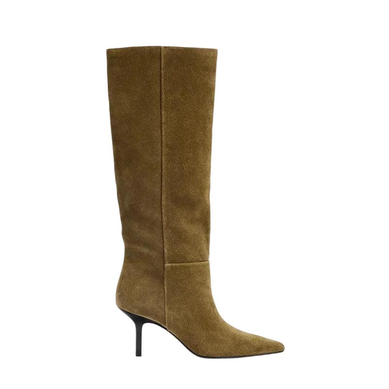 Women Tan Suede Knee High Boots Pointed Toe Stiletto Heel Elegant Daily Formal Fashion Shoes