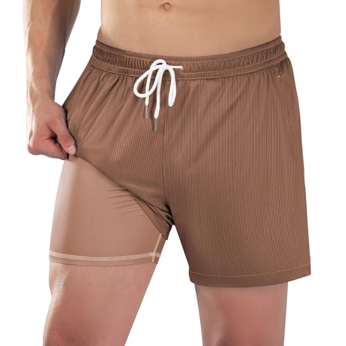 Mens Swim Trunks with Compression Liner 5 inch Textured Ribbed 4 Way Stretch Mens Bathing Suits Beach Short Swimsuit