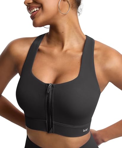 BRXL Womens Front Zip Sports Bra High Impact Adjustable Y Back Sewn in Pads Black