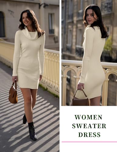 v28 Sweater Dress for Women Ribbed Knit Fitted midi Sexy Fall Winter Bodycon Cowl Neck Dresses (M,Beige) - Thumbnail 3