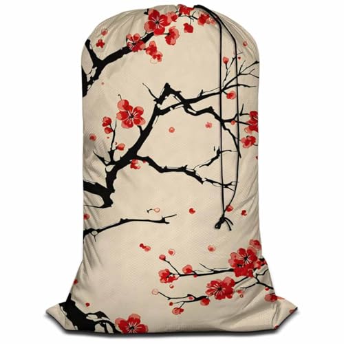 Swono Cherry Blossom Heavy Duty Large Laundry Bags 1 Pack, 28x40 inch Red Floral Branches Spring Blooming Drawstring Travel Organizer Bag, Tear Resistant Dirty Cloth Storage, 4 Loads of Clothes, Beige