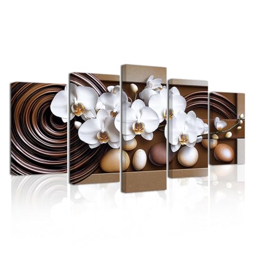 LZIMU Large Flowers Canvas Wall Art 5 Pieces White Orchid Picture Prints Abstract Floral Painting Framed Artwork for Home Bathroom Decor (Brown, 10"x16"x2 10"x20"x2 10"x24"x1)
