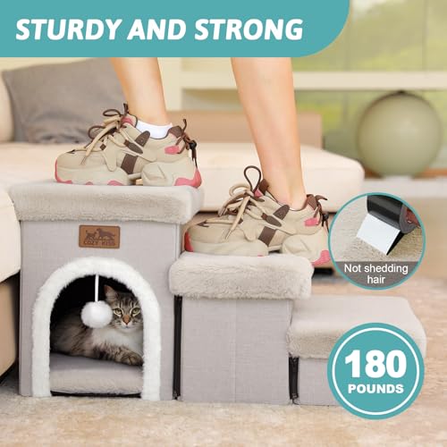 Dog Stairs for Small Dogs with Storage and Condo, 14" H Foldable Pet Stairs for Small Medium or Puppy Dogs and Older Cats, Dog Steps for Bed or Couch, 13x27x14 inch, 3 Tiers, Beige - Image 6