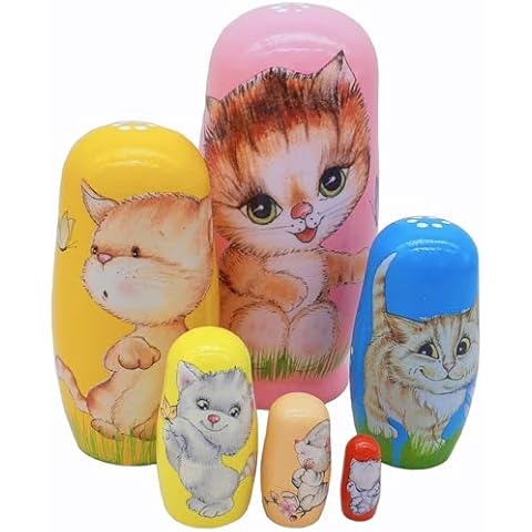 Konrisa 6 Pieces Cute Cat Nesting Dolls for Girls Boys Wooden Figurine Matryoshka Nesting Dolls Stacking Toys New Year Birthday Party Supplies Cover