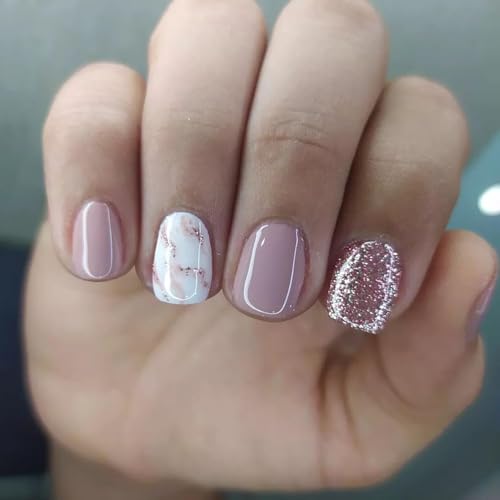 Soft Gel Press On Nails Reusable Short Square Nude Marble Glitter...