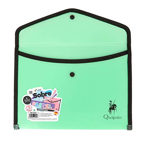 CARPETA SOBRE PLÁSTICO CON CIERRE BOTÓN QUIJOTE PAPER WORLD - Portadocumentos, colores pastel. Para uso escolar o de oficina - A3 Verde Cover