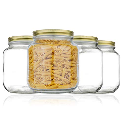 kitchentoolz Half Gallon Mason Jar Wide Mouth - 1/2 Gallon Big Mason Jars with Airtight Gold Metal Lid - 64 oz Glass Jar with Lid for Pickling, Fermenting, Canning - Made in USA, 4 Pack