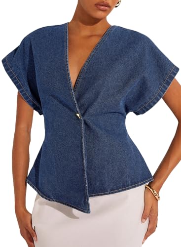 EVALESS Womens Denim Shirts Short Sleeve Button Down Shirts 2026