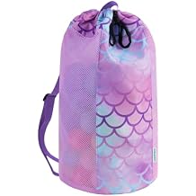 WAWSAM Mermaid Large Mesh Beach Bag for Kids, Drawstring Beach Backpack for Girls, Tote Mesh Beach Toys Bag, Swim Pool Toys Balls Storage Bags Gym Bag, Beach Toy Shells Organizer