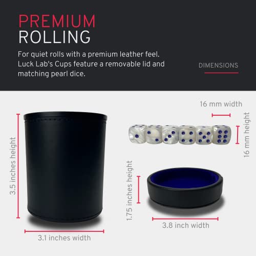 Luck Lab Black Leather Dice Cup With Lid Including 6 Matching Pearl Dice - Blue Velvet Interior For Quiet Shaking - Use For Liars Dice Farkle Yahtzee Board Games, Black #TOP6