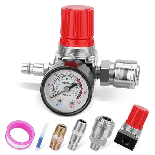 1/4 Druckminderer EU-Standard Druckregler Druckminderer Druckluft 175 PSI 3-Loch-Ausführung inklusive Anschluss Manometer Dichtungsband geeignet für Druckluftkompressoren