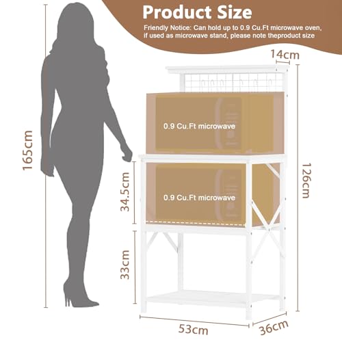 رف خبازين مع إضاءة LED، حامل ميكروويف صغير مع رفوف بـ4 مستويات، طاولة محطة ركن القهوة مع 6 خطافات على شكل S للمطبخ للتوابل والأواني من يانارا، أبيض