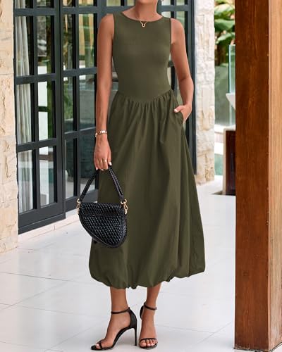 BTFBM Women's 2025 Summer Casual Sleeveless Midi Dress Patchwork Knit Tank Bubble Long Flowy Beach Maxi Sundress Pockets