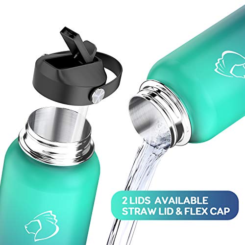 BUZIO Stainless Steel Water Bottle (Cold for 48 Hrs, Hot for 24 Hrs), 32 oz Vacuum Insulated Water Bottle with Straw Lid and Flex Cap (Double Wall, Wide Mouth, BPA Free, Leak Proof), Caribbean Blue