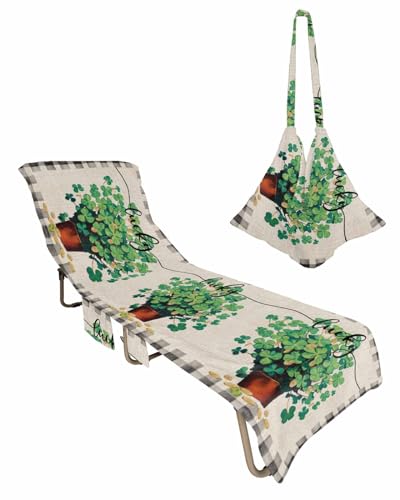 St. Patrick's Day Beach Lounge Chair Towel Cover, Soft Chaise Lounge Towel with Side Pockets Patio Pool Chairs Cover for Beach/Pool Sunbathing 29x85 Green Lucky Clovers Black Plaid