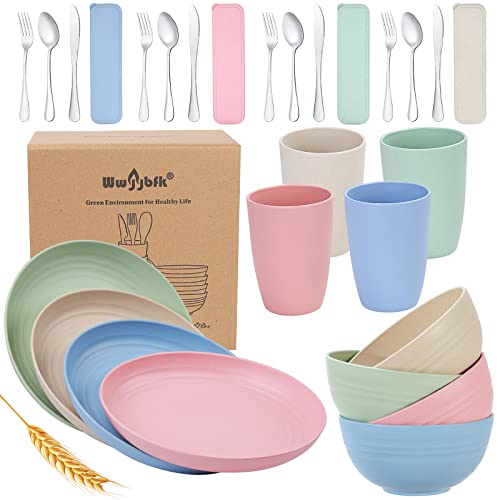 28PCS Wheat Straw Set with Stainless Cutlery