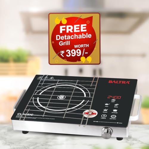 Image of Baltra Classic 2400W Infrared Cooktop Stove with Steel Grill Rack Touch Control, Polished Crystal Glass Plate, Digital Display 3 Modes, 5KV Surge Protection for Induction & Flat Bottom Utensils